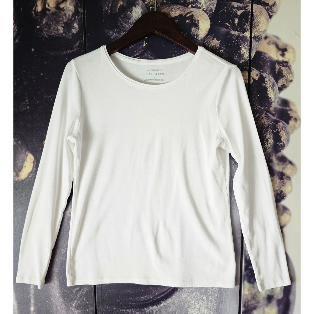 Talbots Womens White 100% Pima‎ Cotton Long Sleeve Crew Neck Tee Shirt Size S